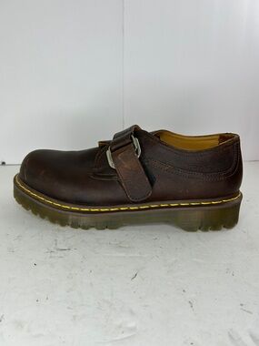 Dr. Martens Brown Leather Single Monk Strap Loafers with Yellow Stitching